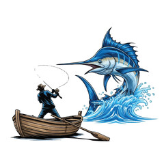 A traditional angler on a tiny boat capturing a giant mythical blue marlin from the sea