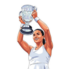 A victorious tennis competitor celebrating with a transparent trophy held aloft