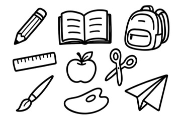 Collection of Hand Drawn School Supplies Including Pencil Book Backpack Ruler Brush Apple Scissors Paint Palette and Paper Airplane on White Background