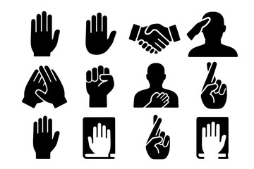 Collection of Black Silhouette Hand Gestures and Icons on White Background Showing Stop Prayer Fist Handshake and Pointing Fingers for Communication and Symbolism