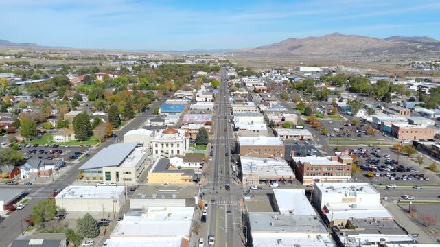 Low Aerial View of Elko Nevada Downtown Area During Fall Facing East