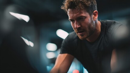 Sweaty man exercising intensely in a dark gym environment closeup.