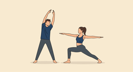 Fototapeta premium Vibrant couple practicing yoga together in a serene, minimalist setting embracing wellness and mindful movement