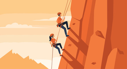 Dynamic duo conquers challenging rock face, embracing adventure and reaching new heights together