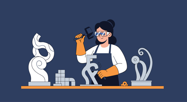 Dedicated artist meticulously crafting abstract sculptures with tools in a modern studio, showcasing creativity and skill