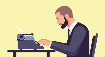 Focused writer crafts story on vintage typewriter, capturing timeless creativity and professional dedication in a bright, minimalist workspace