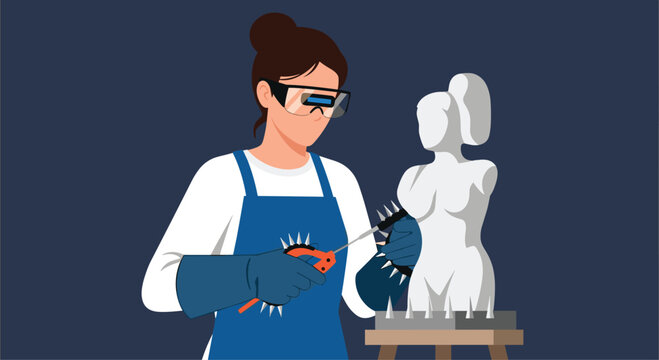 Dedicated artist meticulously carves a modern sculpture in a focused studio workspace, bringing vision to life - Powered by Adobe