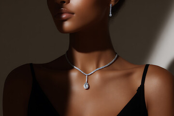 diamond jewelry fashion, graceful woman adorned in diamond jewelry, captured in luxurious portrait style under gentle lighting