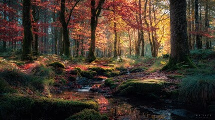 Sunlit autumn forest stream with vibrant red and green foliage.