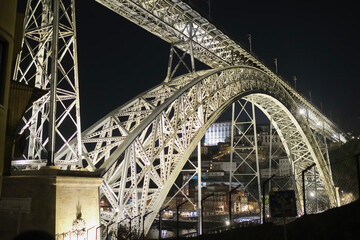 Porto skyline and Douro River at night with Dom Luis I Bridge on the foreground, Portugal