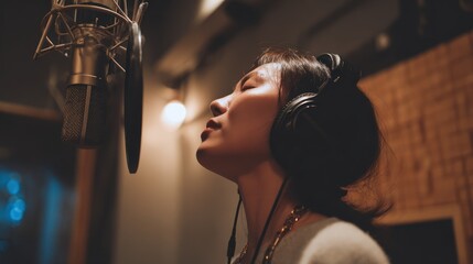 Woman singing into studio microphone wearing large headphones indoors.
