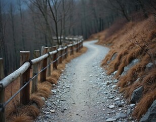Obraz premium Winding dirt mountain path follows wooden rail fence through autumn forest. Rocky ground with dry grass leads up hillside. Bare trees line trail in hazy dim light.