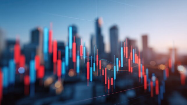 Financial candlestick chart overlaid on a blurred city skyline background.