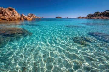 Fototapeta premium Clear turquoise ocean water meets rocky coastline under bright blue sky.