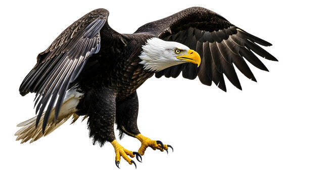 Isolated bald eagle flying on white background ,  Bald Eagle flying with American flag 