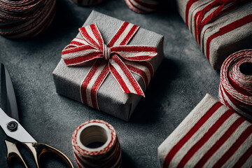 Obraz premium Red and white striped ribbon spool beside neatly wrapped presents, scissors out of frame, overhead composition, no text