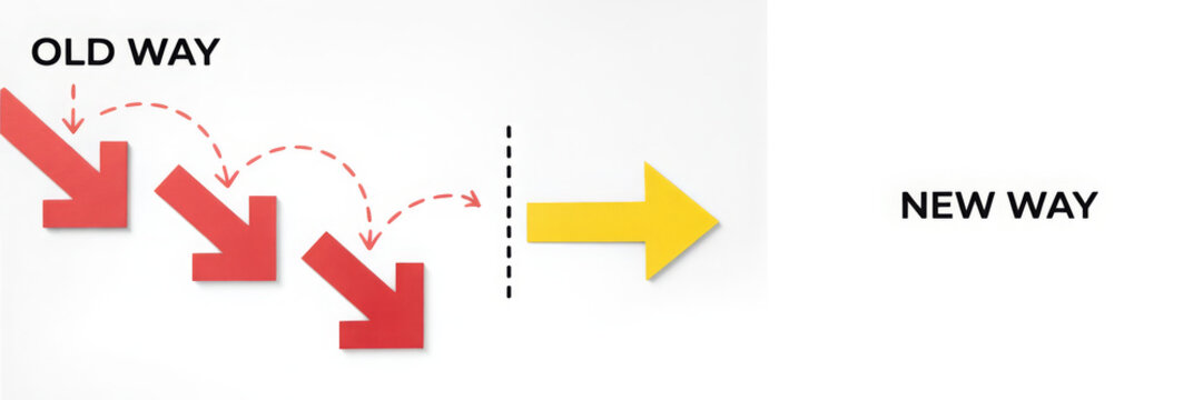 Old way versus new way concept red arrows showing inefficient process contrasted with a single yellow arrow for streamlined efficiency