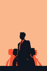 Abstract illustration of a confident businessman standing in front of others, symbolizing leadership, ambition, teamwork, and professional success in modern minimalist art.