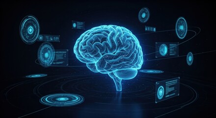 Futuristic glowing AI brain with holographic user interface, data connection, and digital information technology concept