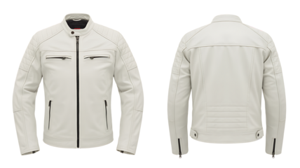 Cream-colored leather motorcycle jacket, front and back views
