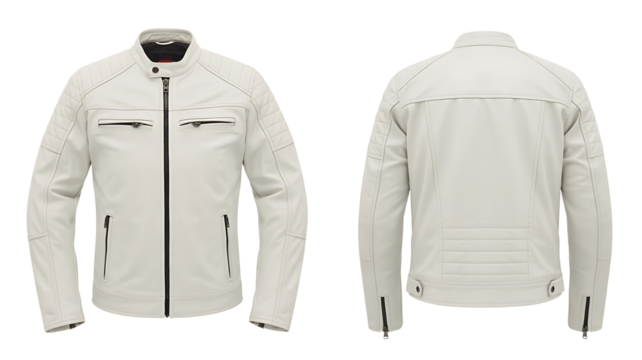 Cream-colored leather motorcycle jacket, front and back views
