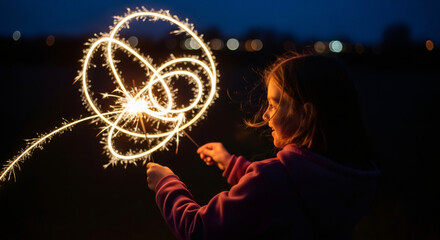 Fototapeta premium Caucasian girl drawing light trails with sparkler at night. Creative child playing with firework bokeh effect. Celebration concept for Holiday.