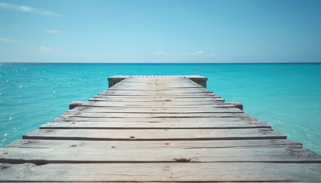 Empty wooden pier extends over bright blue ocean water under a clear sky. The calm sea meets the clean horizon line. This tranquil scene offers a peaceful coastal view. - Powered by Adobe