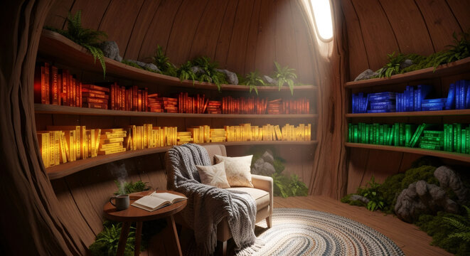 Cozy reading nook inside a tree trunk with shelves full of colorful books, an armchair, and a warm mug, for relaxation and comfort.