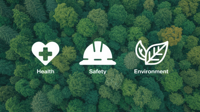 Health safety and environment icons on a forest background vector illustration for corporate responsibility and sustainability reports isolated on green