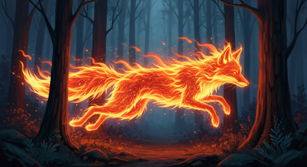 Fototapeta premium Fiery fox running fast through a dark forest, its body engulfed in bright flames. Mythical spirit animal with a mystical aura in nature.