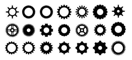 Gears shapes line icons. Flat machine gear icon. Wheel cogwheel vector. Simple outline isolated elements. Black gear.
