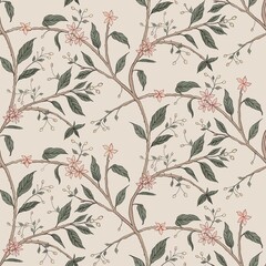 Seamless floral Chinoiserie pattern, on beige background.