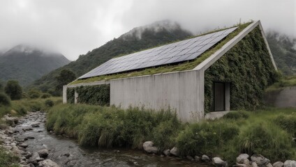 Fototapeta premium Modern eco-friendly house with solar panels and green roof near river.