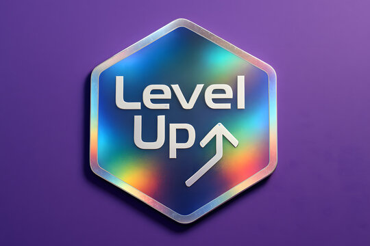 "Level Up" Stylized Holographic Sticker Badge with Up Arrow Icon