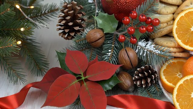 Christmas time decorative arrangement featuring red poinsettia  holly  a fir branch  a pine cone  a nut  a cookie  and an orange border  creatively laid out in a flat lay top view as a design