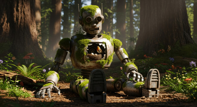 Abandoned robot overgrown with moss sits on forest ground with a bird nesting inside its chest. Nature reclaiming technology concept for environmental awareness.