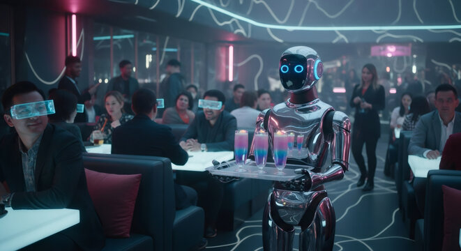 Robot waiter serving colorful cocktails to diverse customers wearing AR glasses in a futuristic restaurant. AI and augmented reality in service industry.