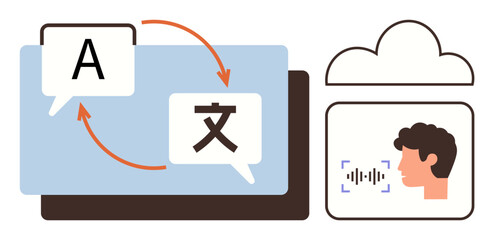 Language translation symbols with arrows showing conversion, man using speech recognition for input. Ideal for communication, technology, linguistics, AI, global connection, speech tech, simple flat