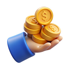 Illustration of 3d hand with fistful of dollars gold coins isolated on the transparent background