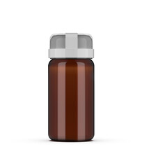 Amber Pharmaceutical Pill Bottle with White Cap on White Background