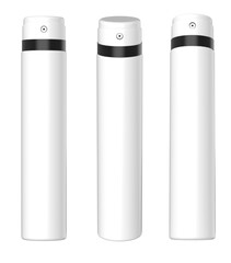 Three White Cylindrical Spray Bottles, Blank for Product Branding. Cosmetic Dispenser Packaging.