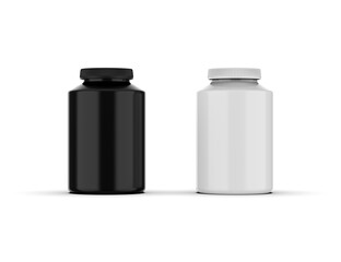 Black and White Supplement Bottles on White Background