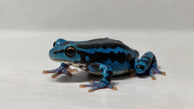 vividly colored amphibian  known as the Blue and Black Poison Dart Frog  isolated on a plain white