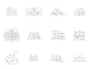 Delicate line drawings showcasing diverse house architectural styles in grayscale