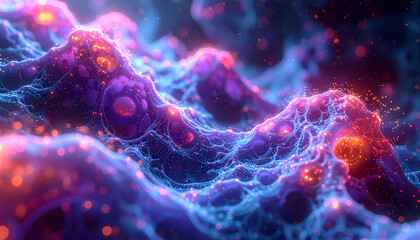 Abstract network of glowing cells interconnected by vibrant blue filaments creating a complex biological structure with a futuristic and ethereal feel.