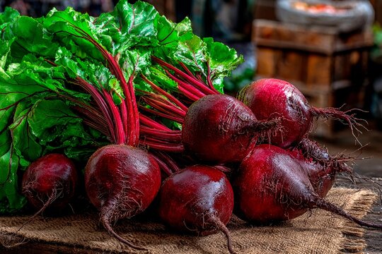 Vibrant beetroots with rich purple-red skin and lush green leaves are displayed on a rustic table at a bustling local market. This scene captures the essence of fresh produce