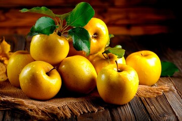 A group of shiny yellow apples sits on a burlap cloth atop a wooden table. Green leaves add a fresh touch to this rustic arrangement, creating an inviting scene