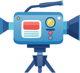 Fototapeta premium A stylized blue video camera on a tripod, depicted in a flat vector illustration style.