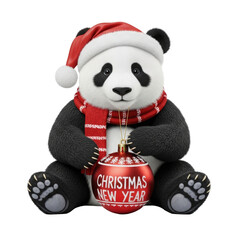 Animated panda sits adorned in a Santa hat, scarf, and holding an ornament
