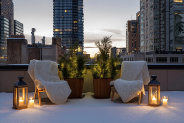 Snowy urban rooftop with small container evergreens, wool blankets on chairs, lanterns glowing, twilight sky, architectural lifestyle framing